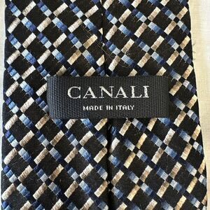Canali Italy Silk Tie Geometric Woven Pattern Black Blue Beige Checkered Design